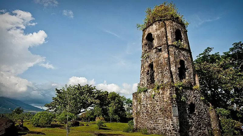The Cagsawa belfry ruins with Mayon Volcano behind