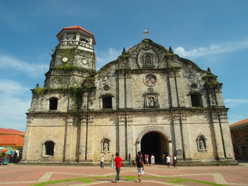 Coral-stone facade and bell tower of the Santa Monica (Pan-ay) Church in Panay, Capiz