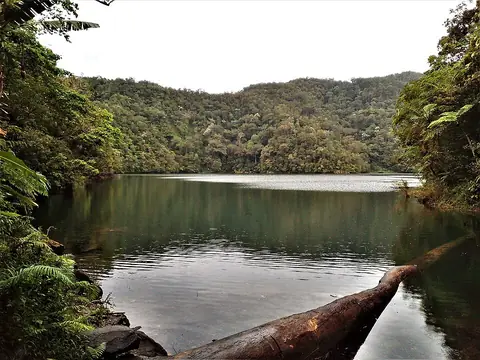 Lake Danao, the smaller of the Twin Lakes, among forested hills