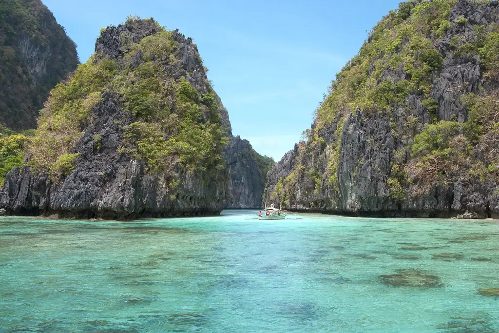 Lagoon among limestone islands in Bacuit Bay, El Nido
