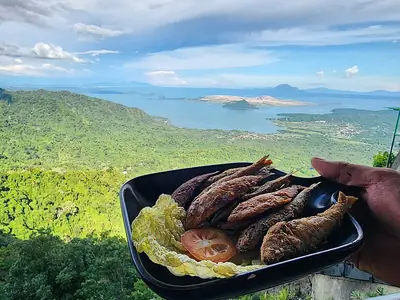 Fried tawilis held up above Taal Lake